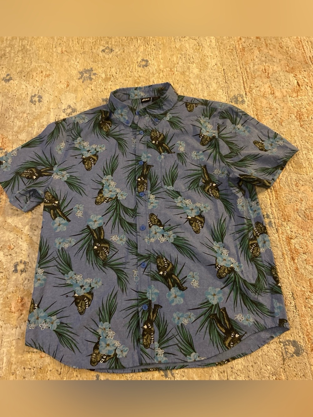 Star Wars Chewbacca Men's Hawaiian Short Sleeve Button Down Shirt XL Blue Floral